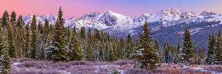 a panoramic photo of the gore range with fresh snow seen from shrine pass
