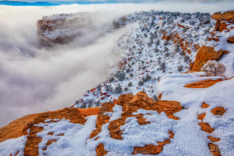 a photo of canyons filled with fog as viewed from buck canyon overlook in canyonlands national park utah near moab