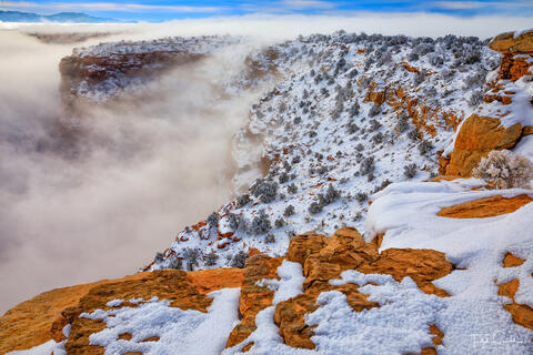 a photo of canyons filled with fog as viewed from buck canyon overlook in canyonlands national park utah near moab
