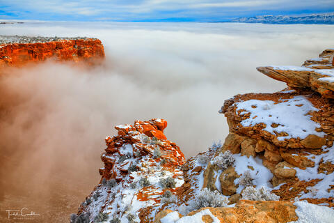 a photo of canyons filled with fog as viewed from buck canyon overlook in canyonlands national park utah near moab