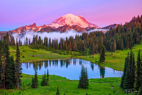 a photo of mount rainier above tipsoo lake in washington