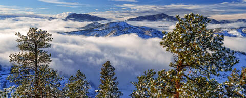 Low clouds fill valleys surrounding Lookout Mountain near Golden, Colorado in this winter scene.