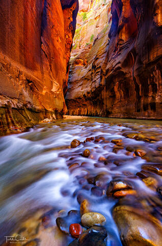 a photo of the virgin river in the narrows at zion national park in utah.