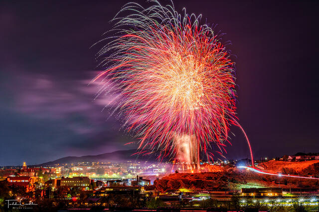 A photo of fireworks in Golden Colorado to commemorate engineering days at the Colorado School of Mines.
