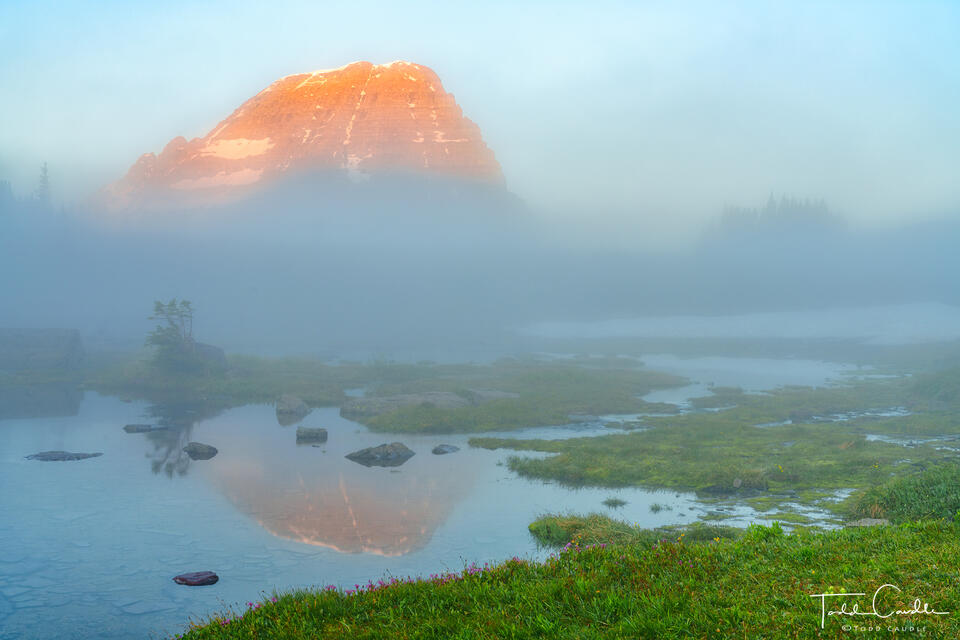Bearhat Mountain Foggy Alpenglow Reflection print