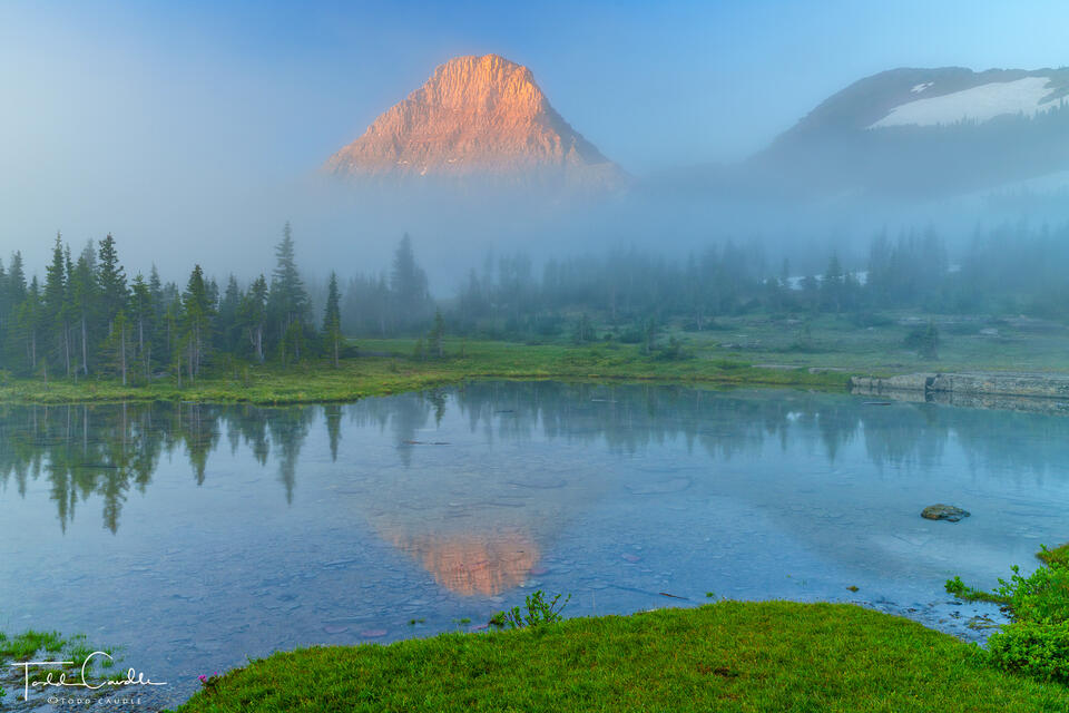 Foggy Alpenglow Sunrise & Reynolds Mountain Reflection print