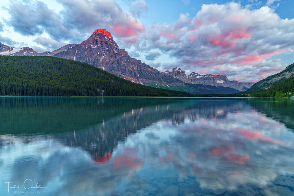 Alpenglow Sunrise on Mount Chephren Reflected in Waterfowl Lakes print