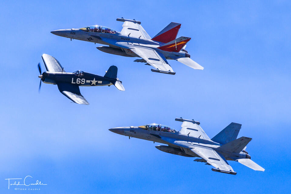 Two EA-18G Growlers with F3A Corsair print