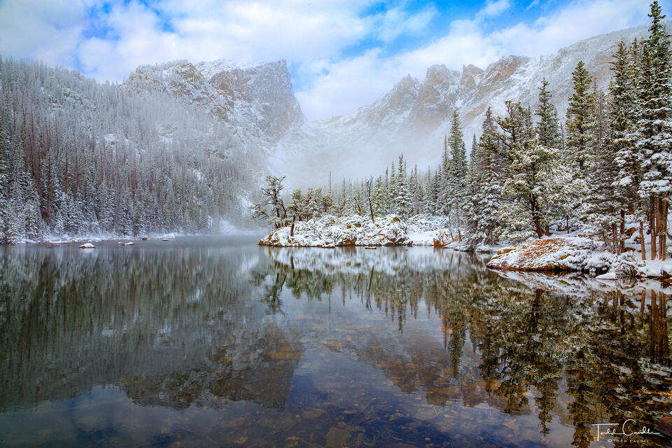 Hallett Peak Snowy Reflection print