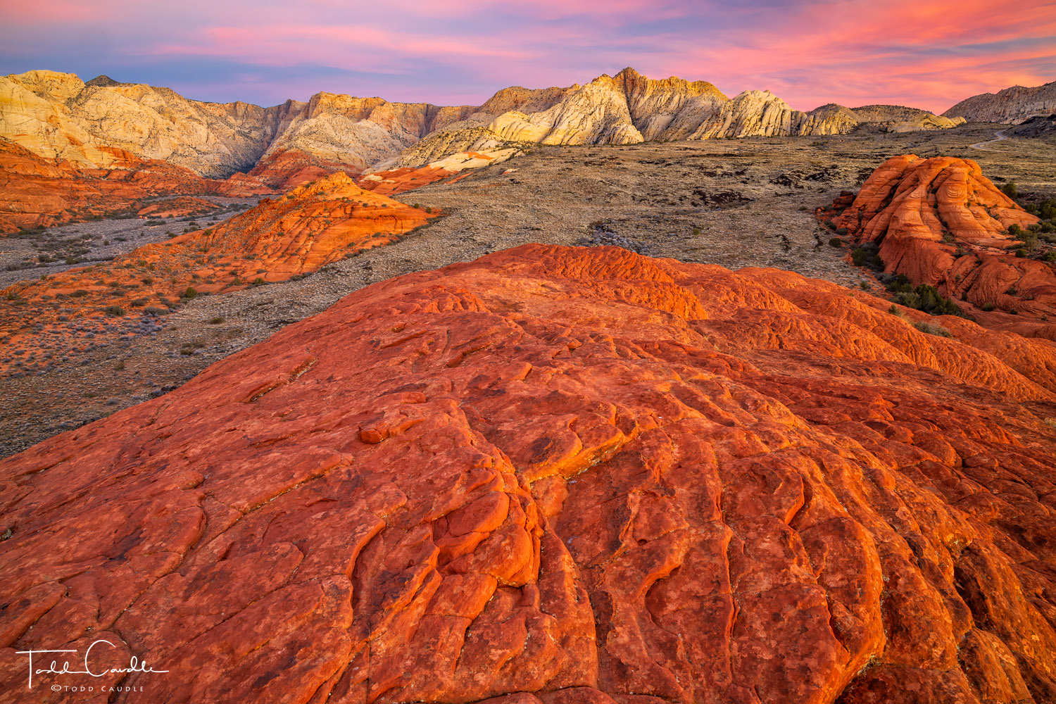 A beautiful sky filled with sunrise colors over the otherworldly landscape of Snow Canyon State Park in southwest Utah.
