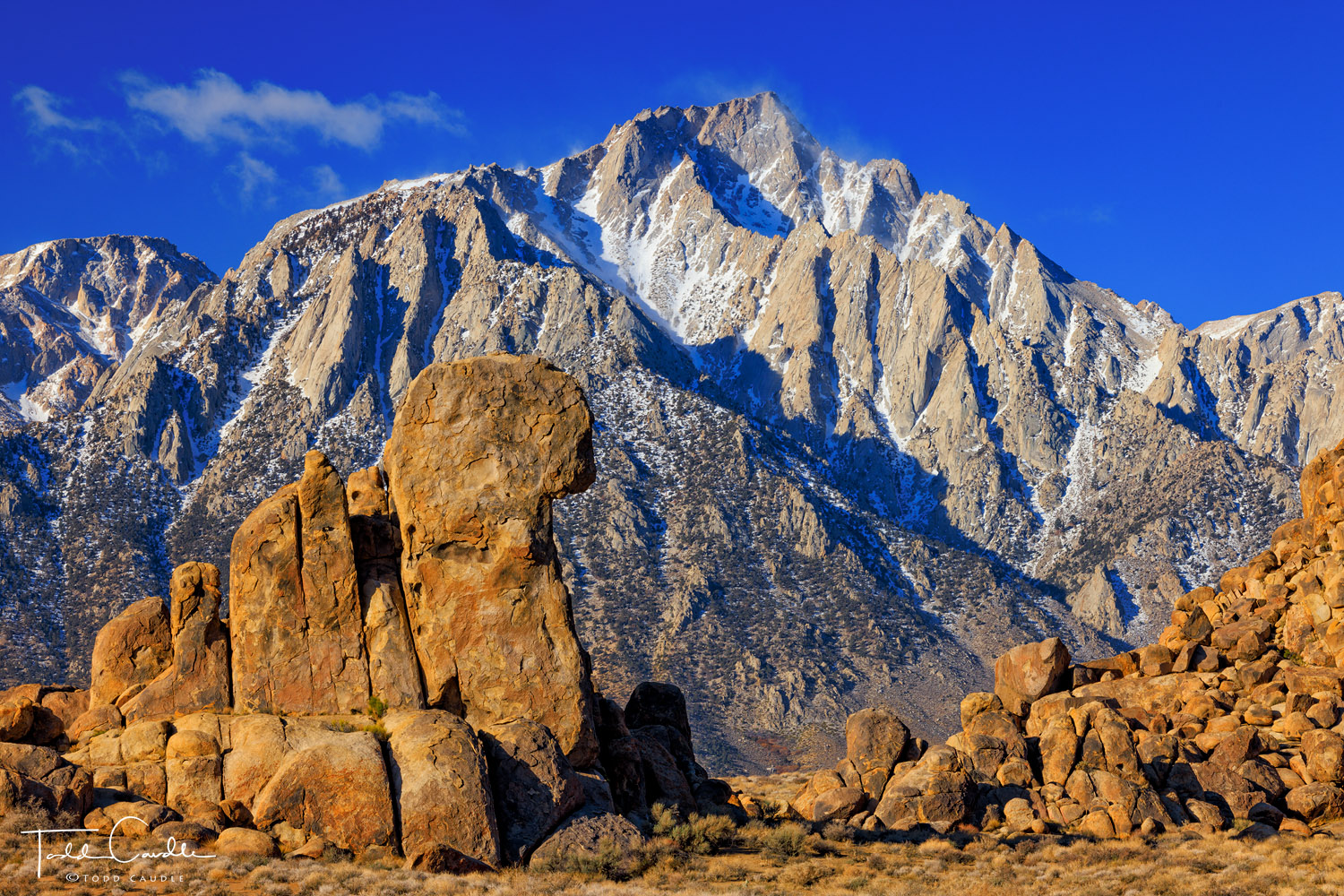 The jumble of rocks that define the Alabama Hills precede a view of Lone Pine Peak in the Sierra Nevada Range.