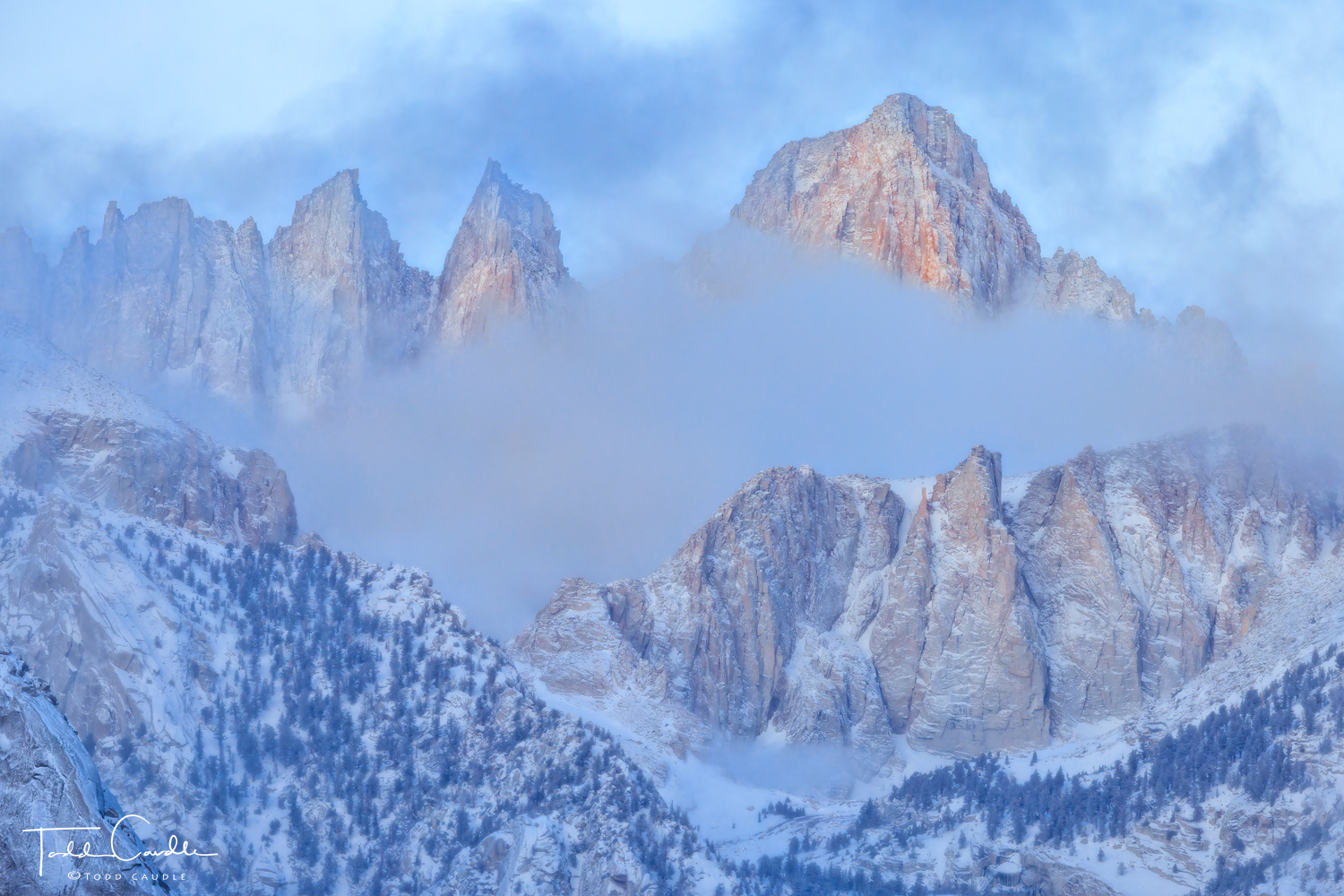 Predawn colors from the east paint the Mount Whitney massif in pastel shades.
