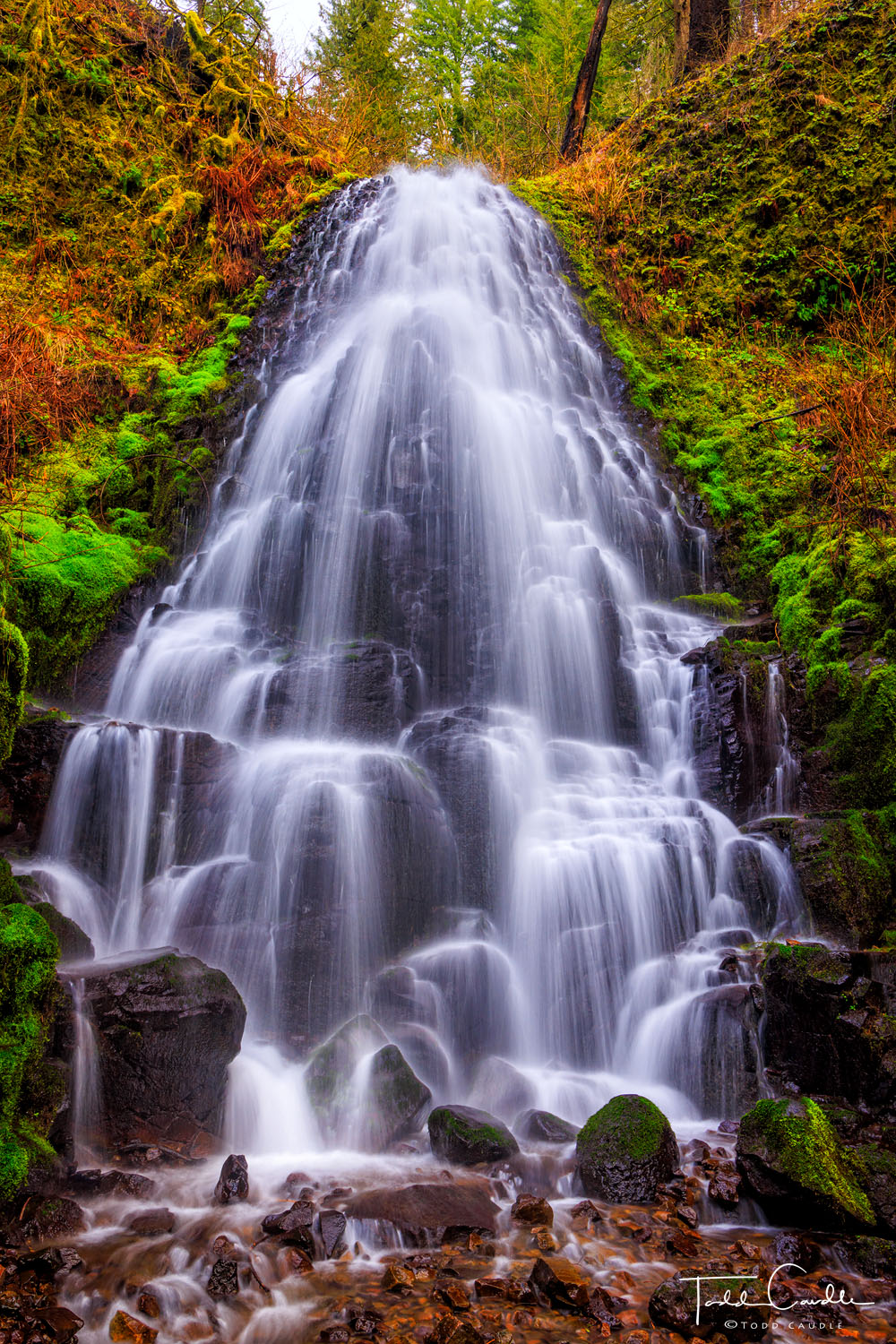 Fairy Falls cascades over a stairstep of rocks in the Columbia River Gorge.