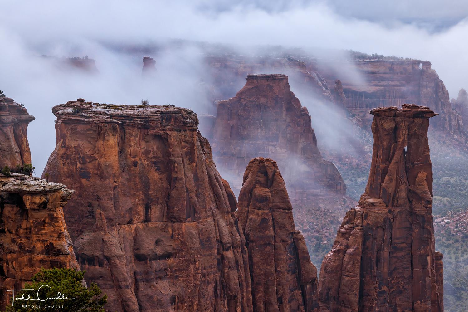 After rain fell most of the night, morning fog spills into Monument Canyon, swirling around the monolithic sandstone structures...