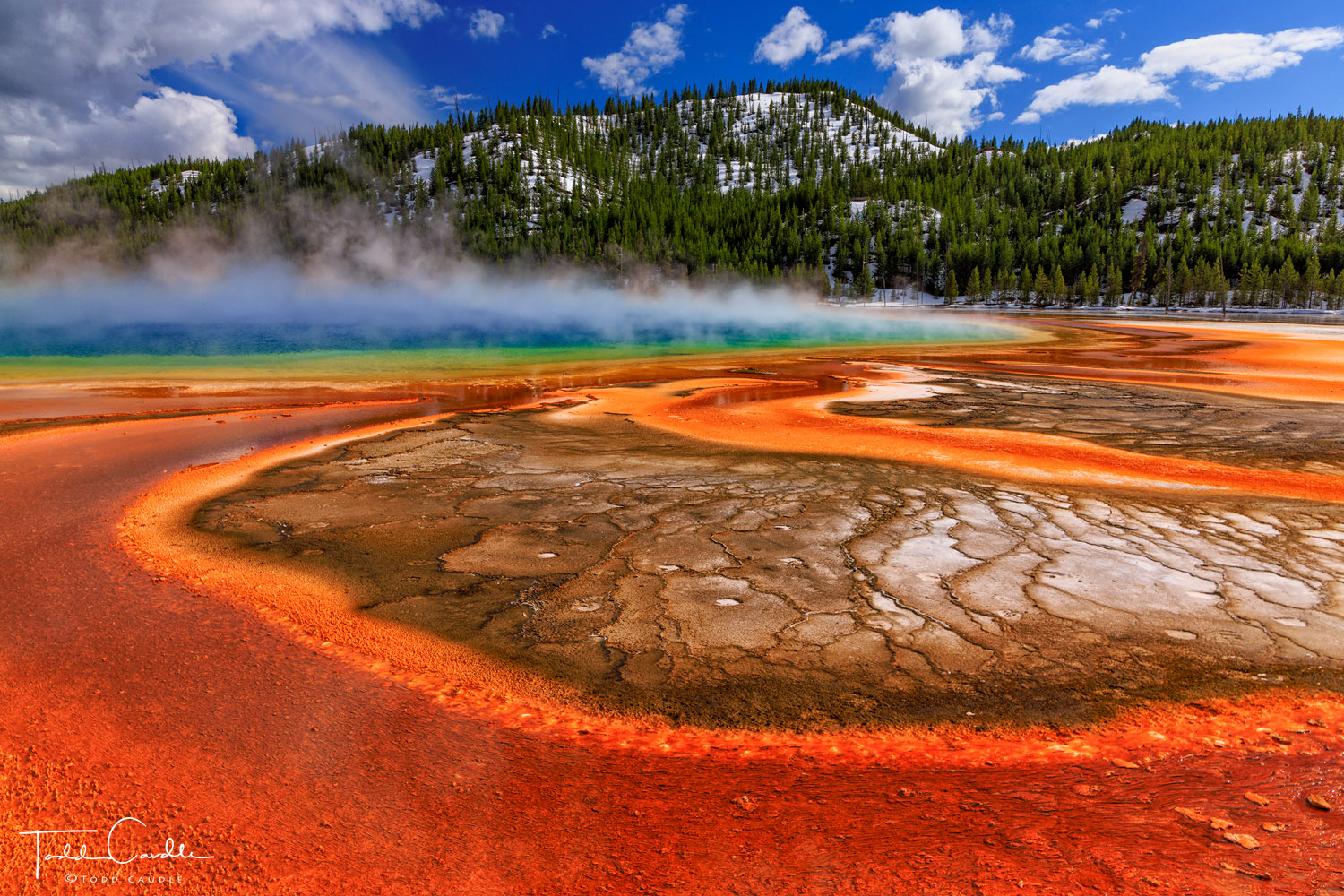 The colorful thermal features of Middle Geyser Basin include Yellowstone's most colorful feature, the Grand Prismatic spring...