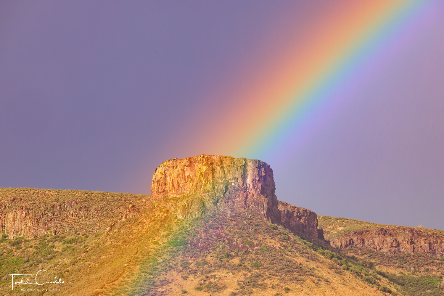 A bright, colorful rainbow slices through the falling rain in front of Castle Rock, the skyline-defining geological feature of...