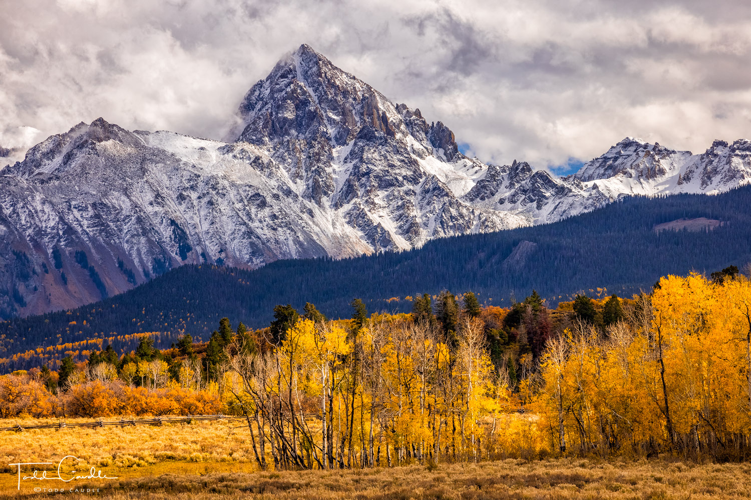 Majestic Mount Sneffels rises above fall colors on Dallas Divide.