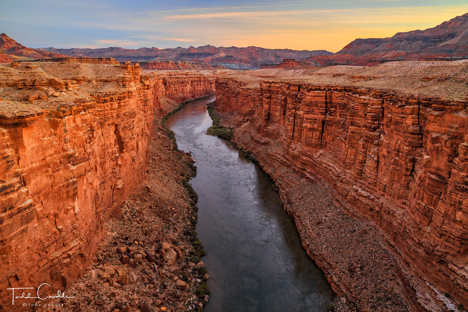 The Colorado River cuts through Marble Canyon below Navajo Bridge at Grand Canyon National Park.